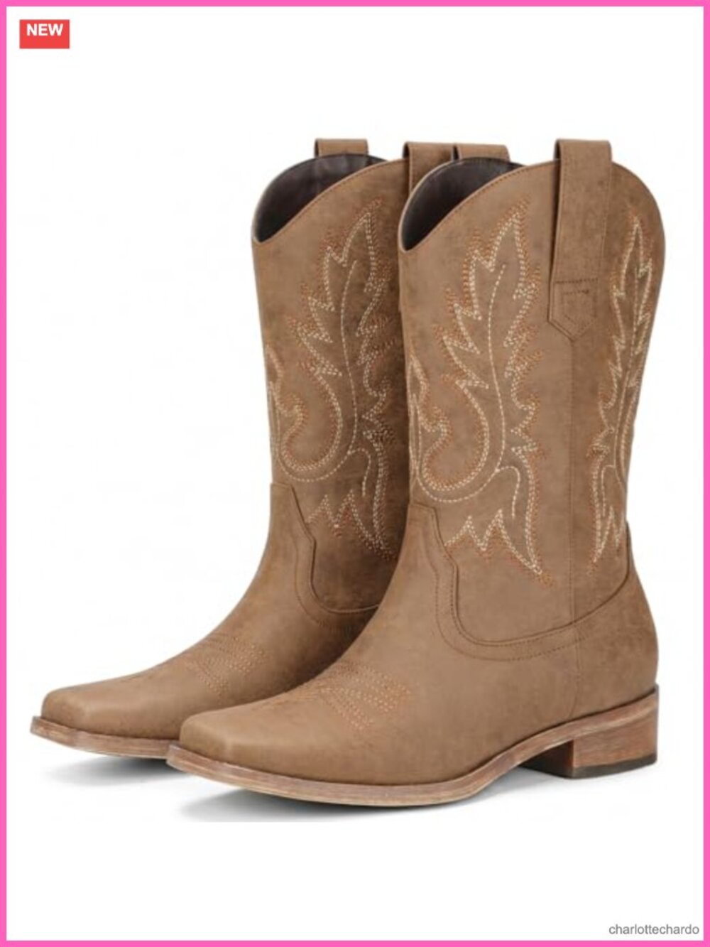 Faux Leather Square Toe Cowboy Boots Mid Calf Embroidered Pull On Low Heel